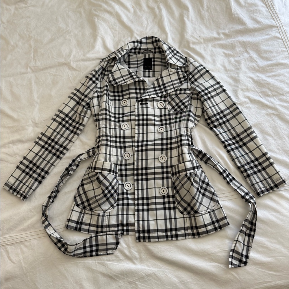 Vero Moda Black and White Plaid Trench Coat